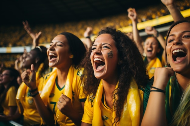 A group of women soccer fans team support emotion joy