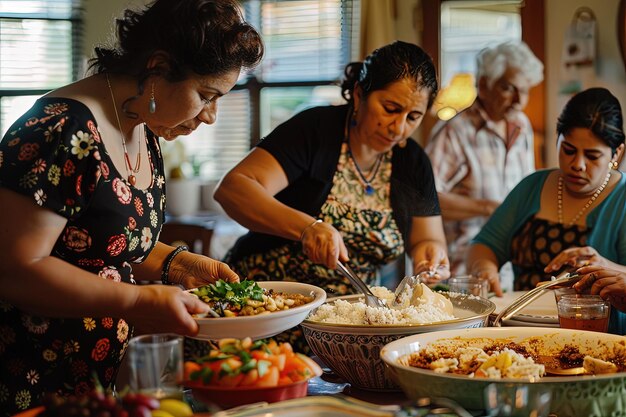 A group of women standing around a table filled with food