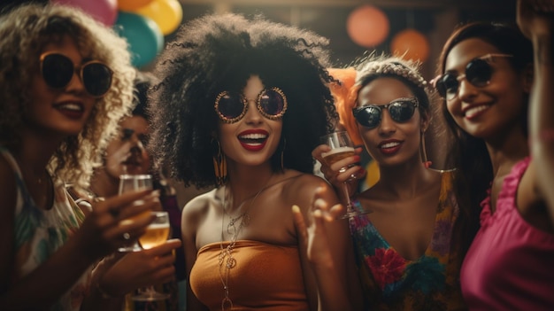 A group of women in sunglasses stand in a party with a party in the background.