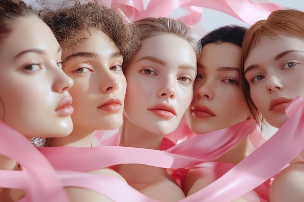 Photo group of women supporting each other with pink rib