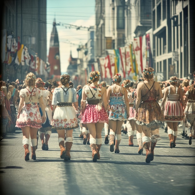 Photo a group of women in traditional dress walking down a street with flags hanging overhead