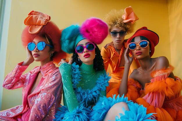 Photo a group of women wearing colorful costumes are posing for a photo