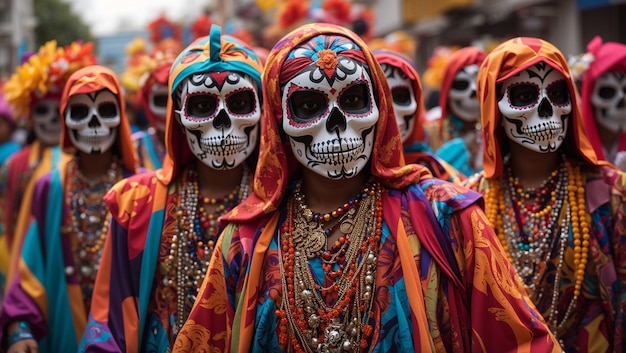 a group of women wearing colorful costumes with skulls and a skull and crossbones