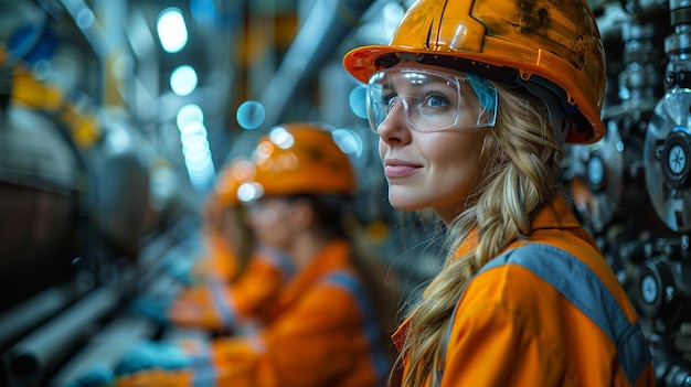 a group of women wearing orange safety suits and orange vests