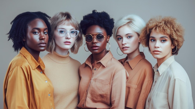 A group of women wearing orange shirts and matching glasses stand together in a row.