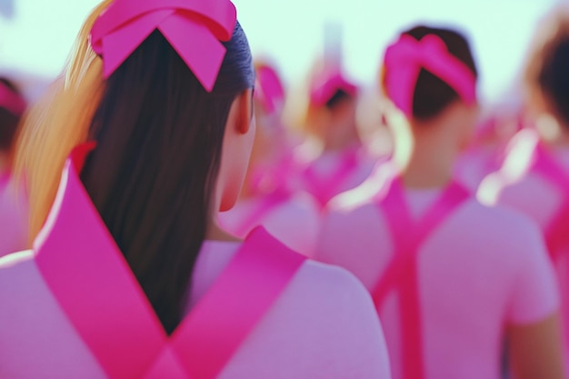 Photo group of women wearing pink ribbons at a breast ca