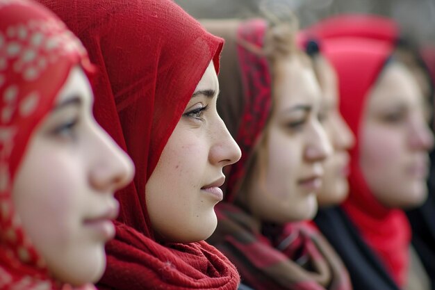 Photo a group of women wearing red head covering