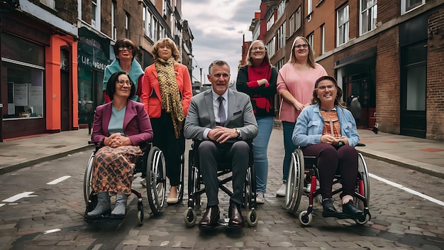 A group of women in wheelchairs with a man in a wheelchair and a woman in a wheelchair