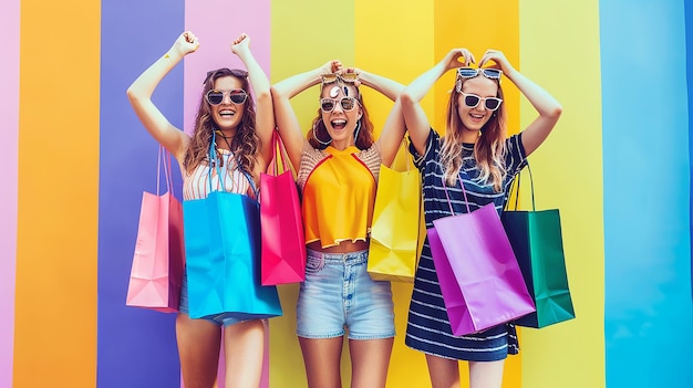 Photo a group of women with colorful shopping bags are standing in a row