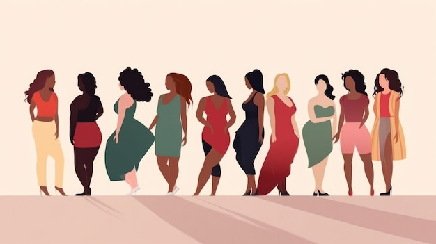 Group of women with different body and ethnicity posing together to show the woman power and strength Curvy and skinny kind of female body concept body positive and body acceptance