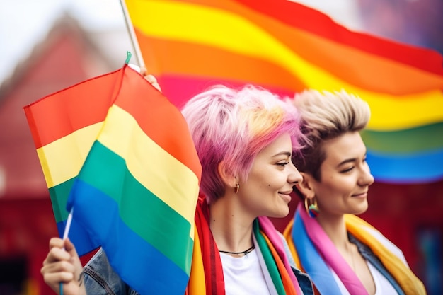 a group of women with rainbow colored hair holding rainbow flags