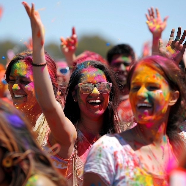 a group of women with rainbow colored paint are celebrating