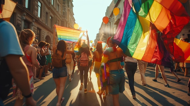 a group of women with rainbow flags are walking down a street