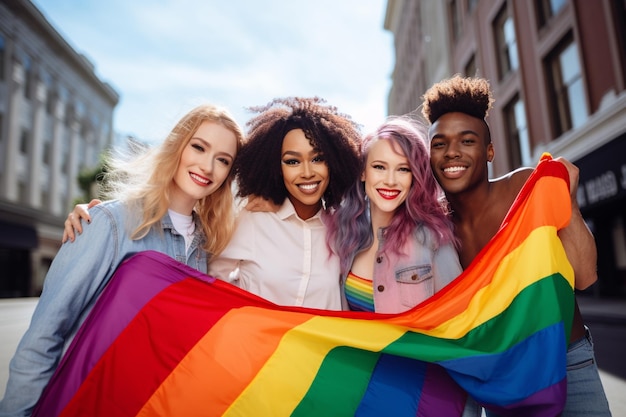 a group of women with rainbow hair holding a rainbow flag