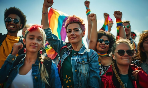 a group of women with rainbow hair and a rainbow flag