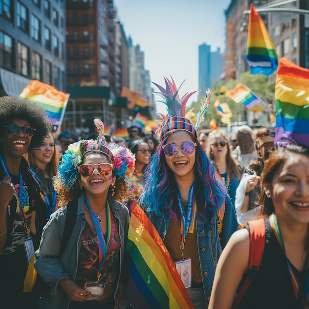 a group of women with rainbow hair and rainbow hat