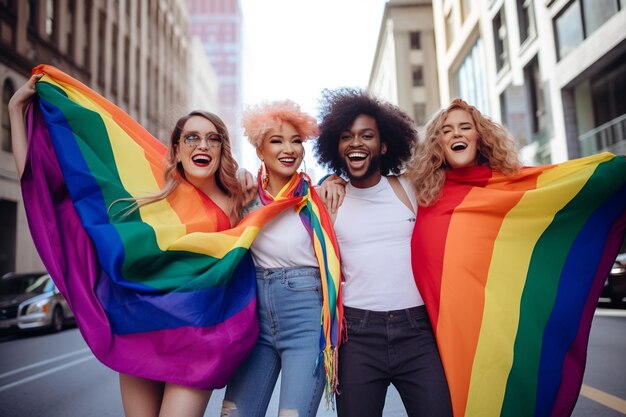 a group of women with rainbow wigs are holding a rainbow flag