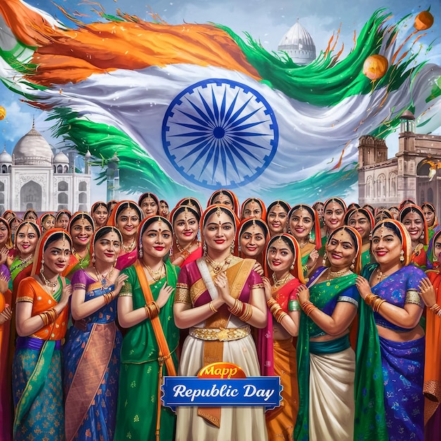 a group of women with saris on their backs are standing in front of a flag