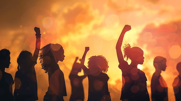 a group of women with their arms raised in front of a sunset background