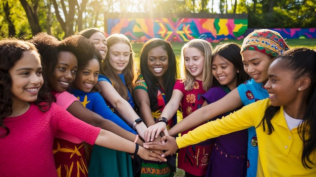 a group of women with their hands together one of them has a star on her shirt