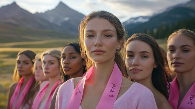 a group of women with the word lg on their pink ribbons