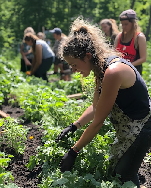 Photo a group of women working in a field with a plant