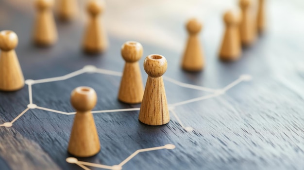 Photo a group of wooden chess pieces are arranged on a board with a star shape