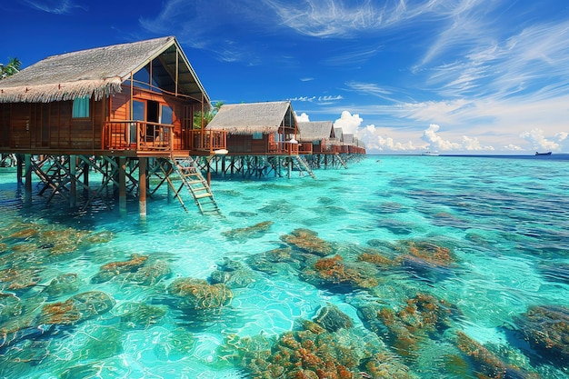 A group of wooden houses sitting on top of a body of water