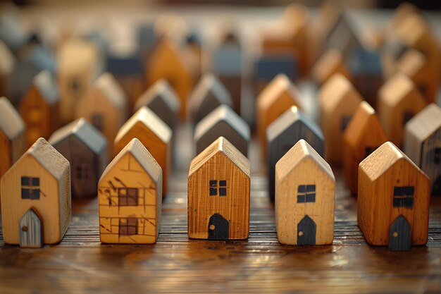 A group of wooden houses sitting on top of a wooden table next to each other on a wooden surface