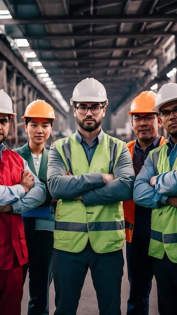 Group of worker engineer teamwork people mix race in heavy industry standing confidentselective foc