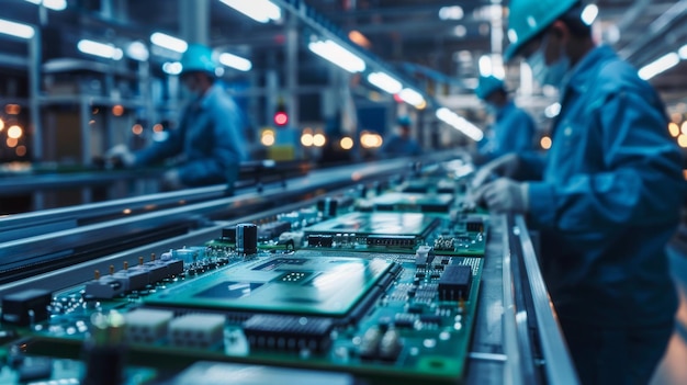 A group of workers are assembling computer parts in a factory