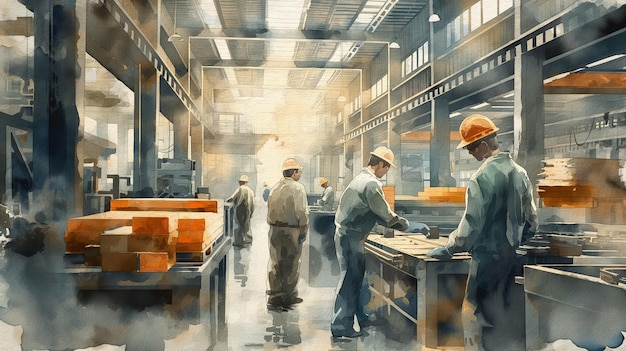 A group of workers are in a factory with one of them wearing a hard hat