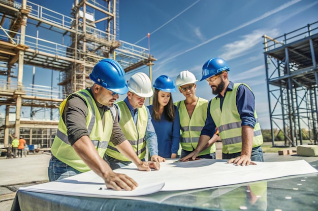 a group of workers are looking at a piece of paper