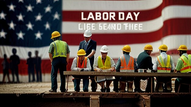 Photo a group of workers are sitting around a table with a flag behind them