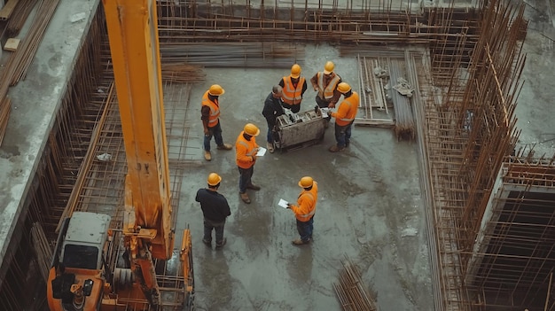 Photo a group of workers are standing in a building with orange vests