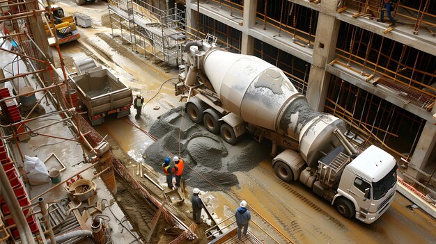 Photo a group of workers are working on a factory building