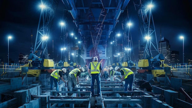 a group of workers are working on a large piece of equipment