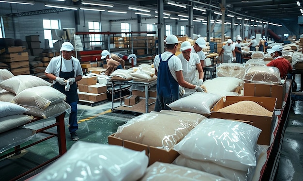 a group of workers are working in a warehouse full of bags