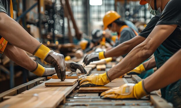 a group of workers are working on wooden planks