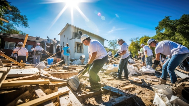 A group of workers collaboratively clean up and renovate a white house amidst piles of debris and construction tools on a sunny day