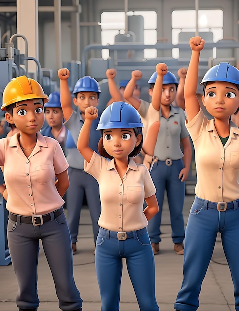 A group of workers in a factory raising their fists in solidarity on International Labor Day