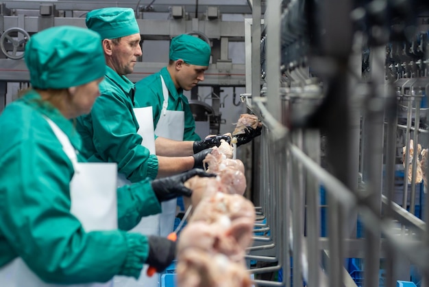 A group of workers in green scrubs are working on a machine.