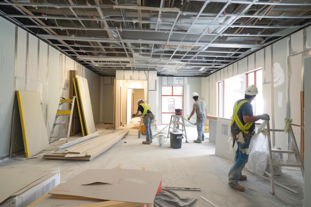 A Group of Workers Installing Drywall in a Building Under Construction