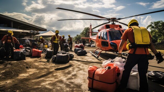 Photo a group of workers unload supplies from a helicopter in a remote location