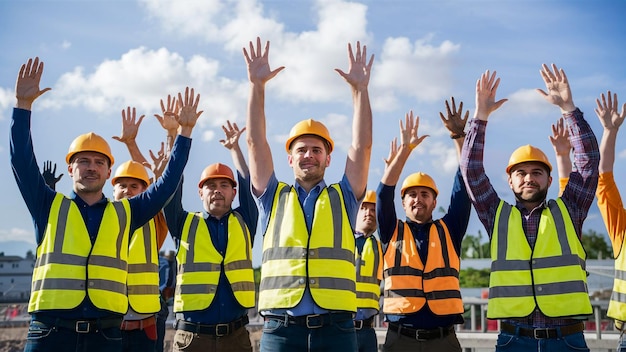 a group of workers with their hands up in the air