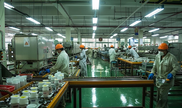 a group of workers working in a factory with a sign that says kfc