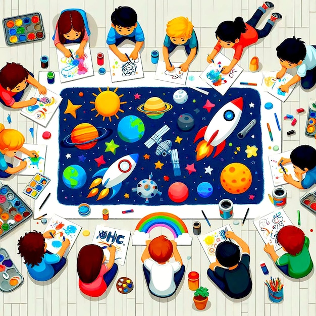 a group of World Childrens Day childrens day sit around a table with a space ship on it