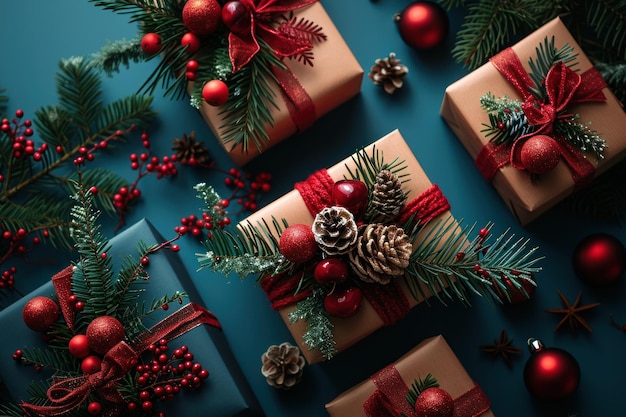 A group of wrapped presents with pine cones and berries