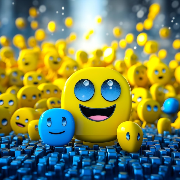 A group of yellow and blue smileys are in a crowd.