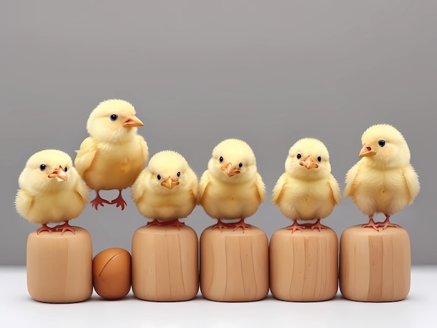 a group of yellow chickens standing on top of wooden blocks.